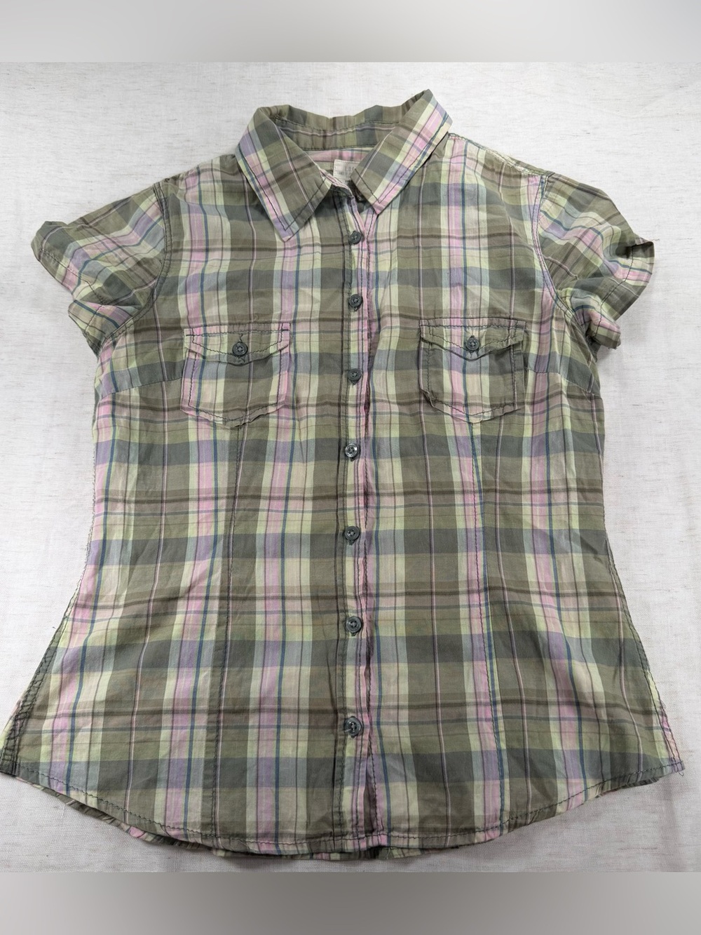 Y2k LOGG by H&M Olive Plaid Short Sleeve Shirt with Pastel Stripes